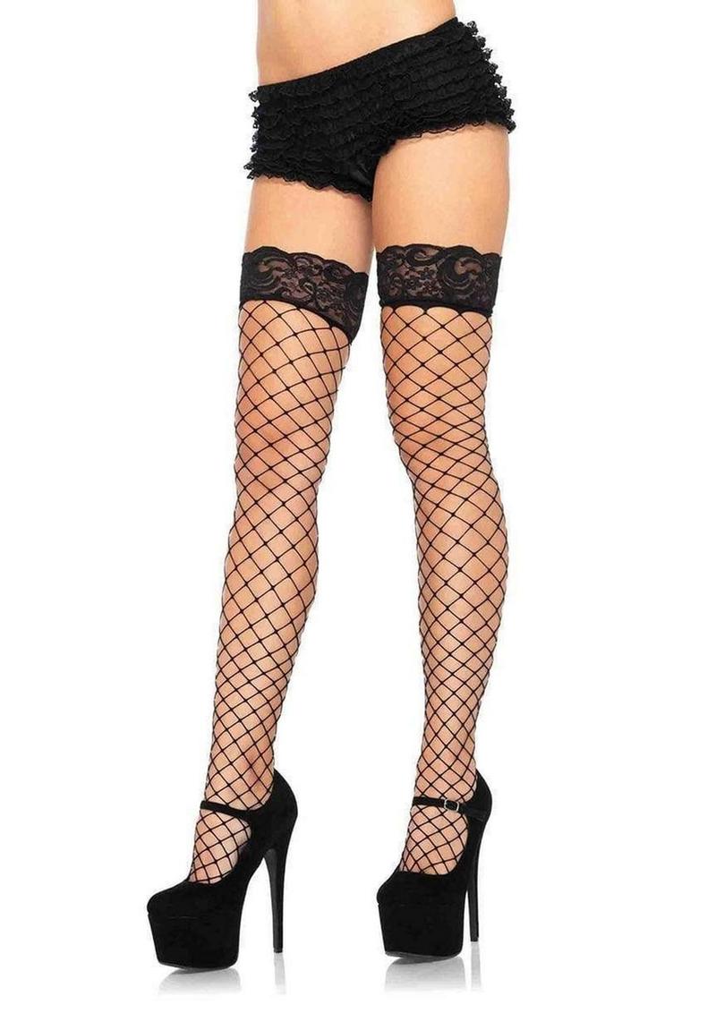 Leg Avenue Fence Net Stocking with Lace Top - O/S - Black