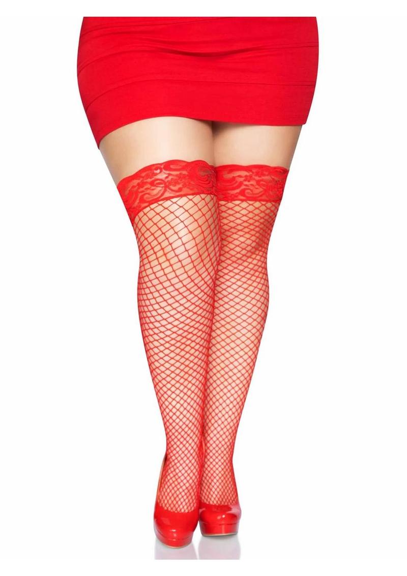 Leg Avenue Spandex Industrial Net Thigh Highs with Stay Up Silicone Lace Top - 1X-2X - Red
