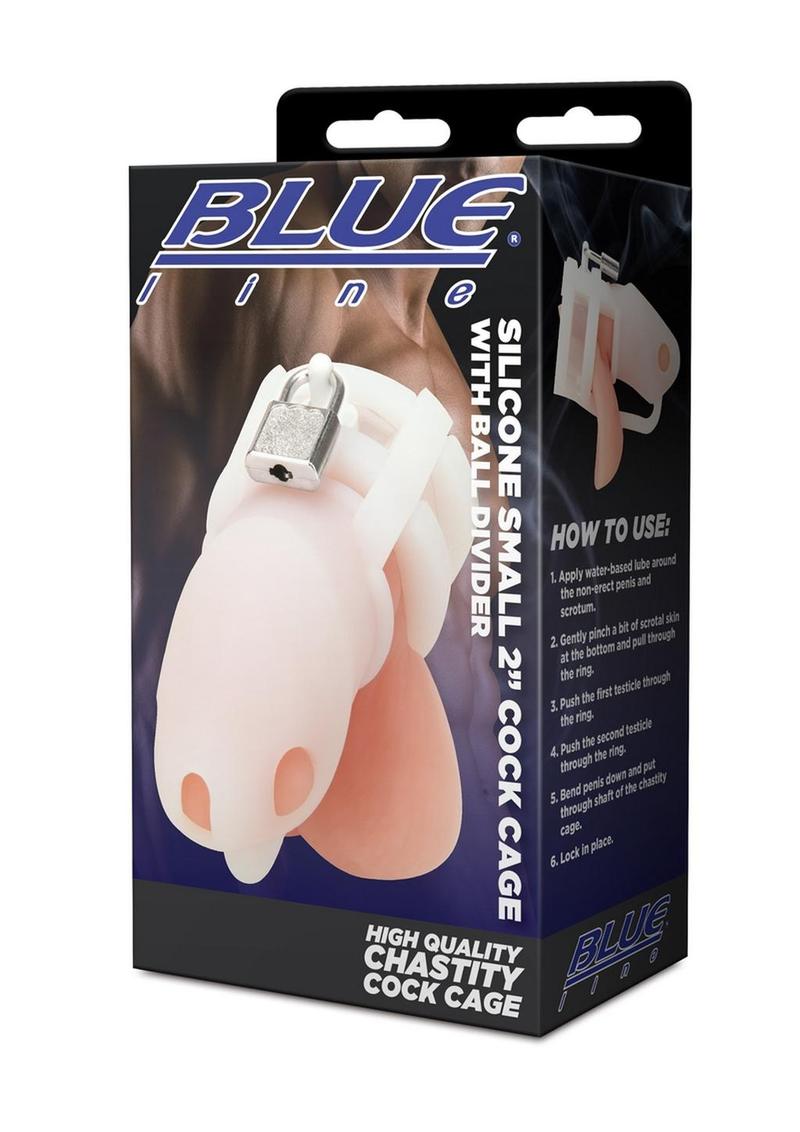 Blue Line Silicone Cock Cage with Ball Divider Small 2in - White
