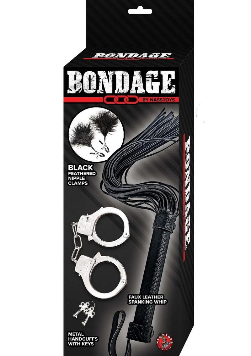 Nasstoys Bondage Whip Feather Clamps and Cuffs Kit - Black