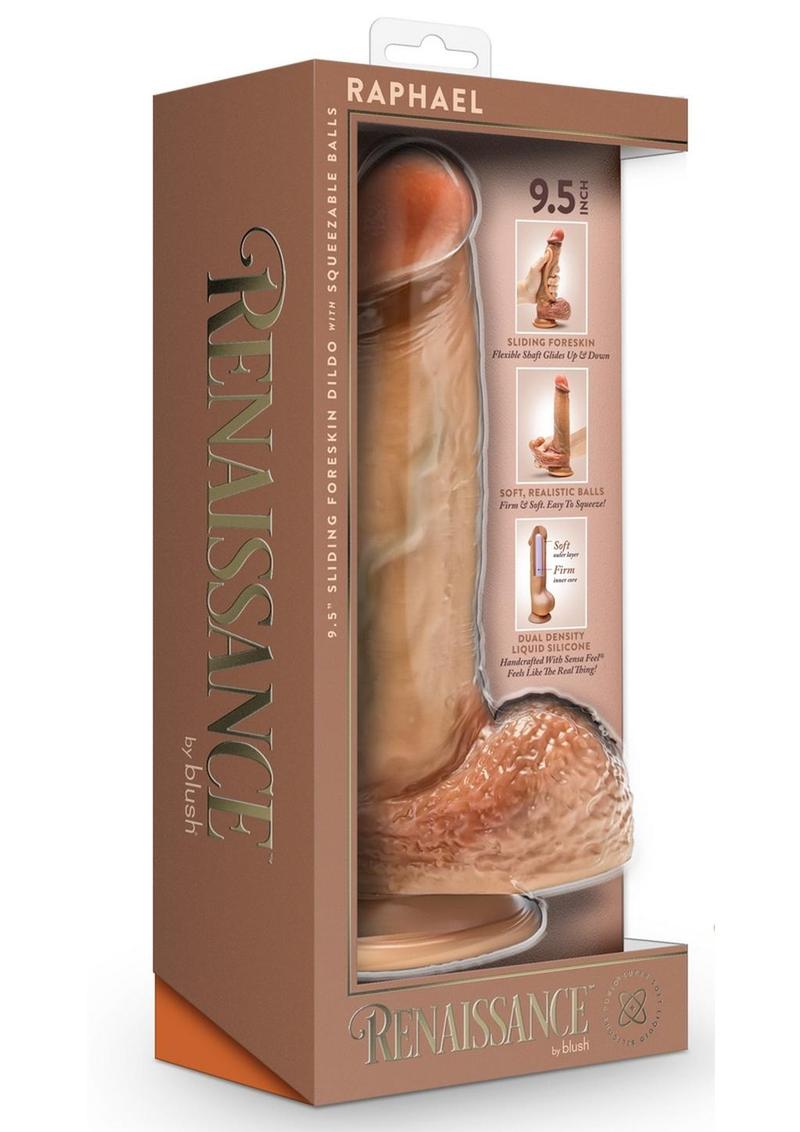 Renaissance Raphael Silicone Sliding Foreskin Dildo with Squeezable Balls 9.5in - Caramel