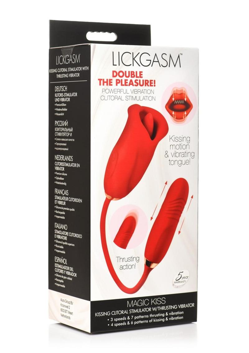 Lickgasm Magic Kiss Kissing Rechargeable Silicone Clitoral Stimulator with Thrusting Vibrator - Red