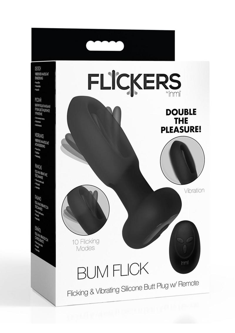 Flickers Bum Flick Flicking and Vibrating Rechargeable Silicone Butt Plug with Remote - Black