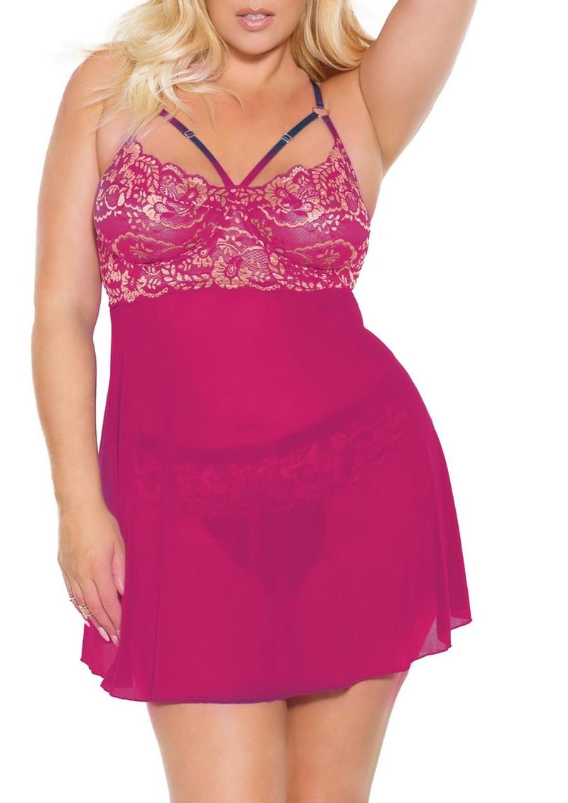 Pink Pussycat Babydoll and Thong - XLarge - Pink/Rose Gold