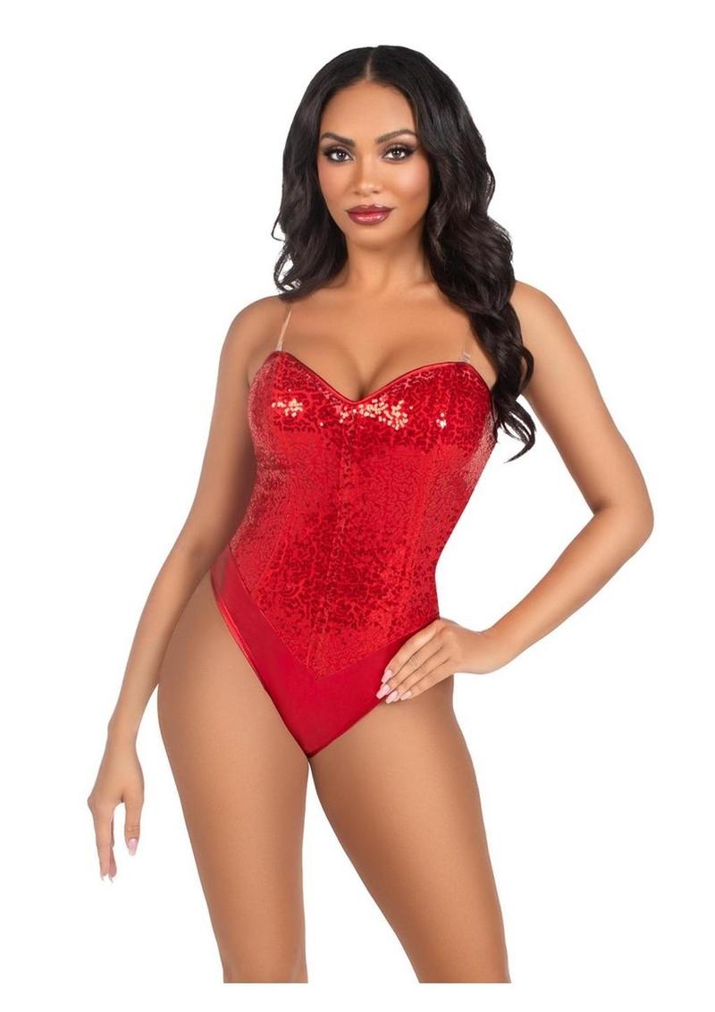 Leg Avenue Sequin Boned Snap Crotch Bodysuit with Detachable Clear Strap (2 Piece) - Small - Red