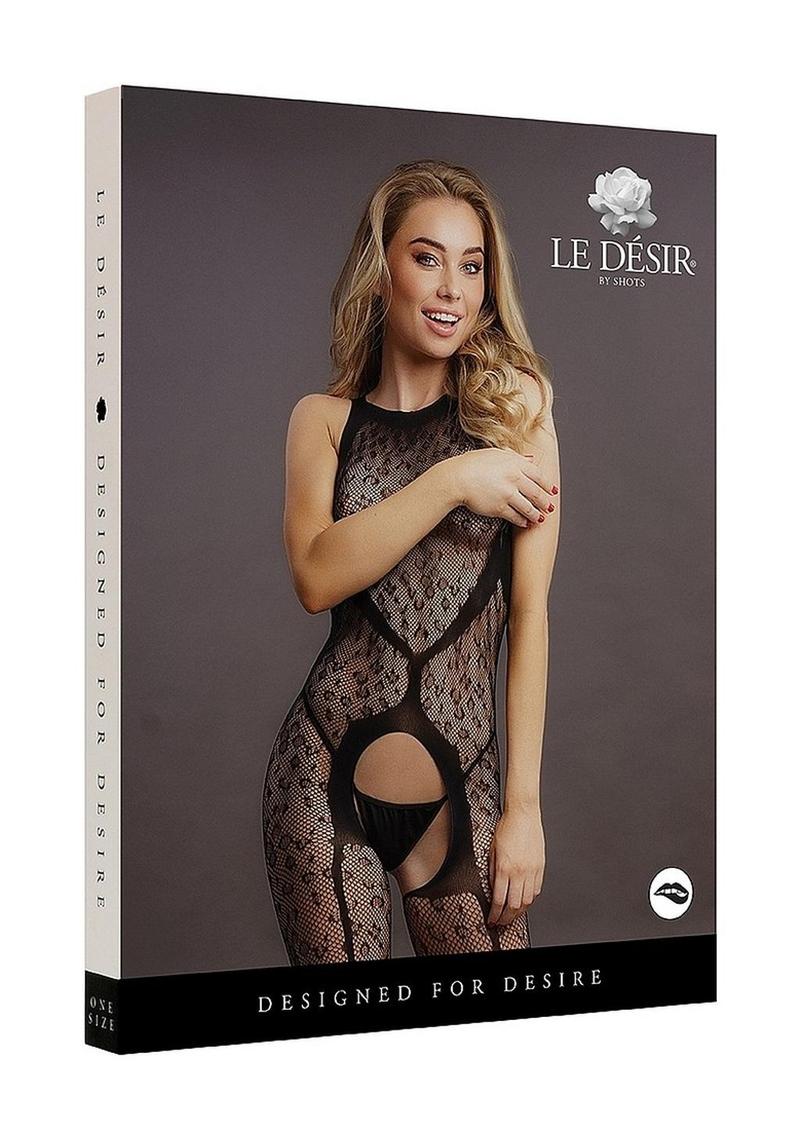 Le Desir Crotchless Leopard Bodystocking - O/S - Black