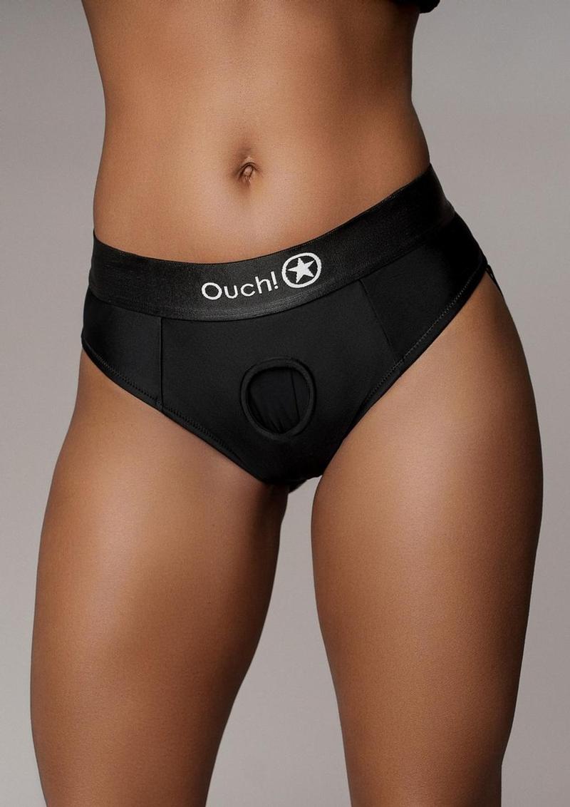 Ouch! Vibrating Strap-On Thong with Removable Butt Straps Rechargeable - M/L - Black