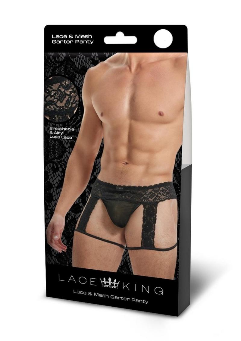 Lace King Men`s Lace and Mesh Garter Panty - Medium/Large - Black