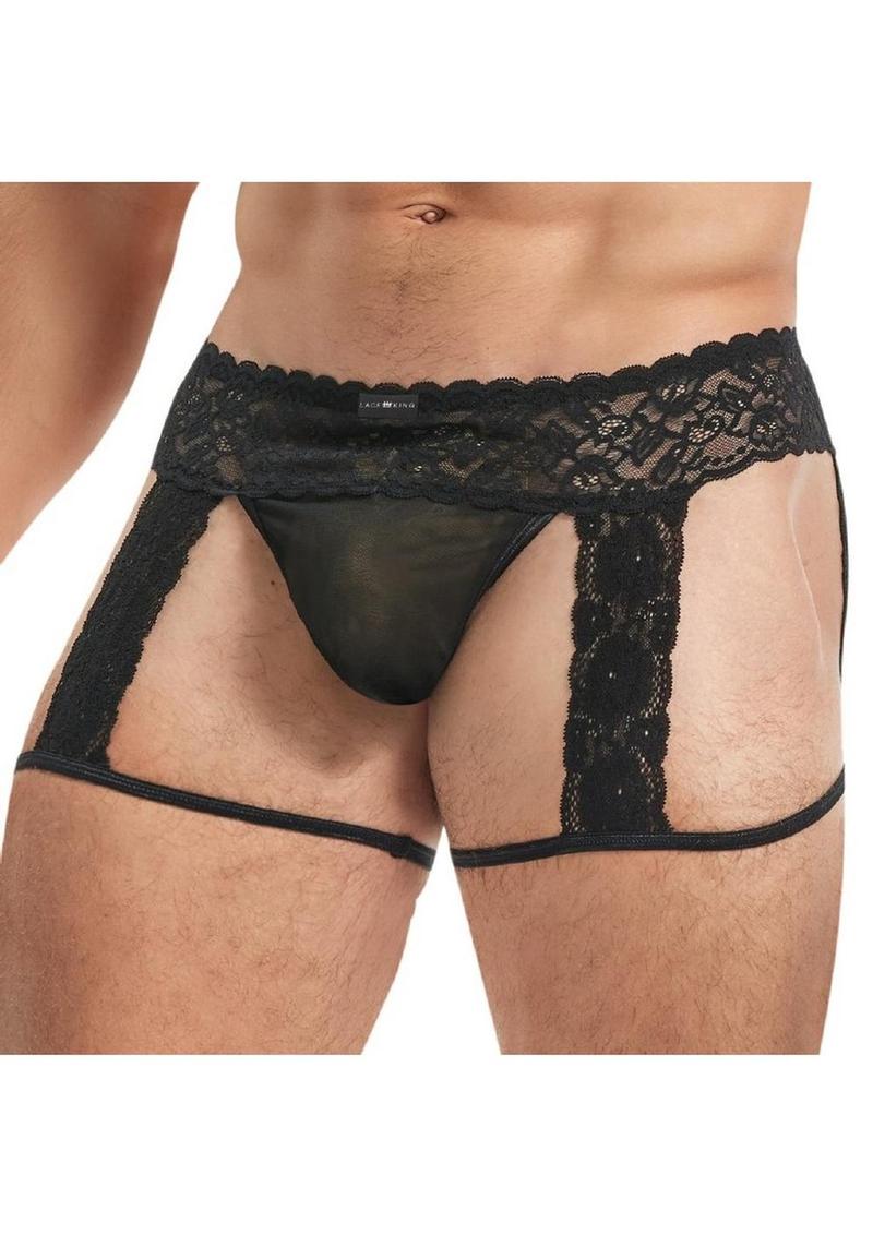 Lace King Men`s Lace and Mesh Garter Panty - Medium/Large - Black