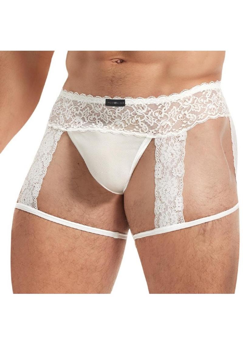 Lace King Men`s Lace and Mesh Garter Panty - Medium/Large - White