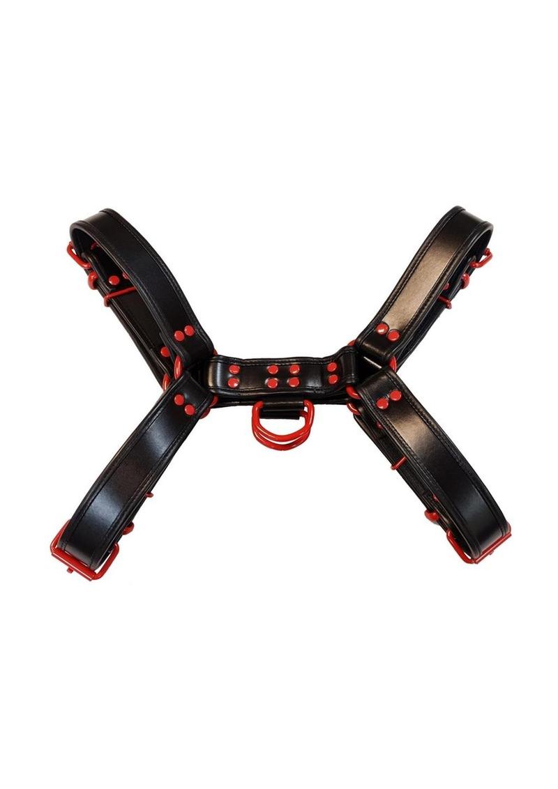 Rouge Leather Over The Head Harness Black with Red Accessories - XXLarge