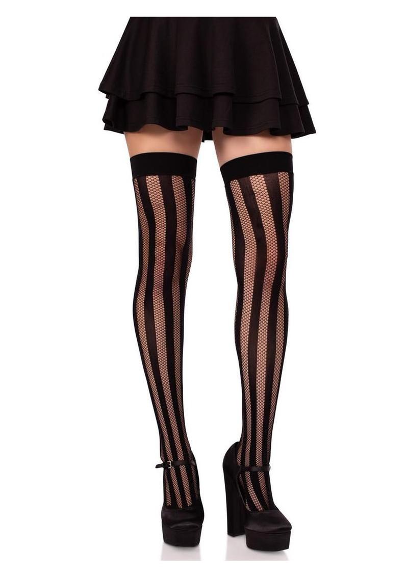 Leg Avenue Net and Opaque Striped Thigh Highs - Black - O/S