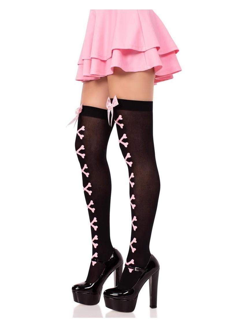 Leg Avenue Opaque Cross Bone Thigh Highs with Satin Bow Accent - Black/Light Pink - O/S