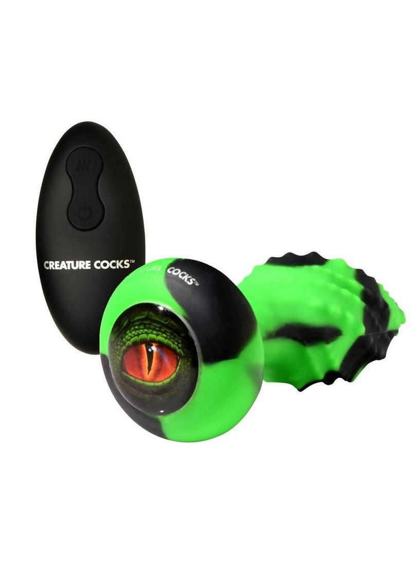 Creature Cocks Eye of the Spawn Rechargeable Silicone Vibrating and Squirming Butt Plug with Remote - Green